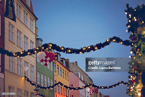 christmas in denmark - detail of the street decorations in nyhavn - copenhagen christmas market stock pictures, royalty-free photos & images