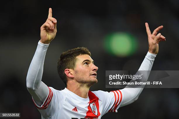 Lucas Alario of River Plate celebrates after scoring during the FIFA Club World Cup semi final match between Sanfrecce Hiroshima and River Plate at...