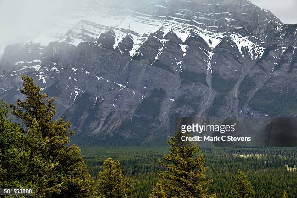 snow on the upper peaks of mount rundle - mark rundele stock pictures, royalty-free photos & images