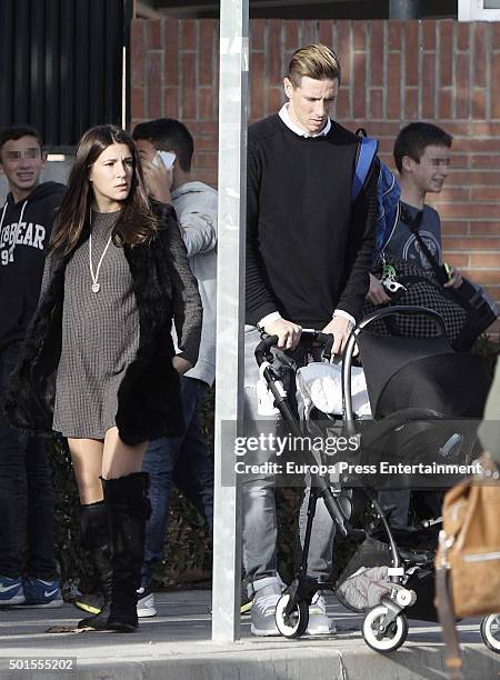 Football player Fernando Torres, Olalla Dominguez and their newborn child are seen on December 15, 2015 in Madrid, Spain.