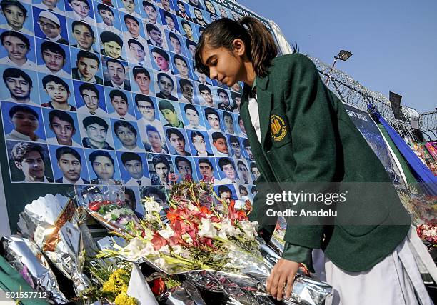 Pakistani schoolgirl lays flowers at a makeshift memorial for the victims of Taliban's deadliest attack, at an Army Public School in Rawalpindi,...