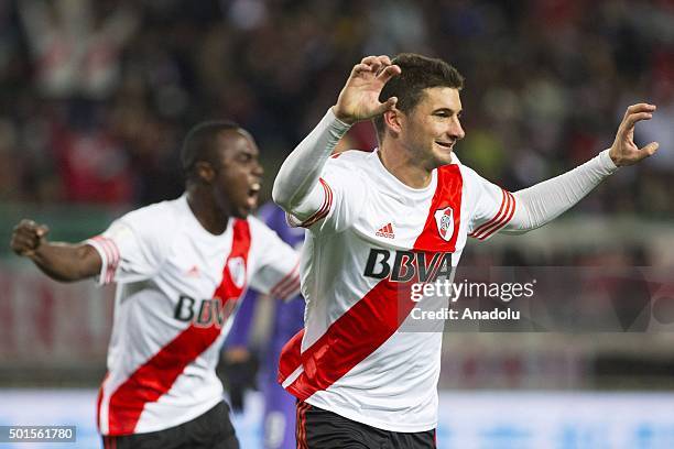 Lucas Alario of River Plate celebrates after scoring a goal during the FIFA Club World Cup semi final match between Sanfrecce Hiroshima and River...