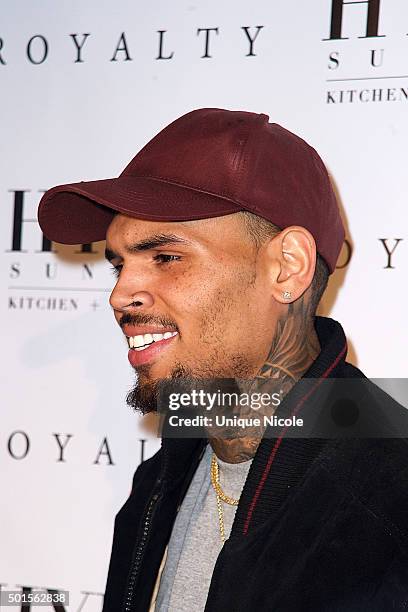 Chris Brown arrives at the listening party for 'Royalty' at HYDE Sunset: Kitchen + Cocktails on December 15, 2015 in West Hollywood, California.