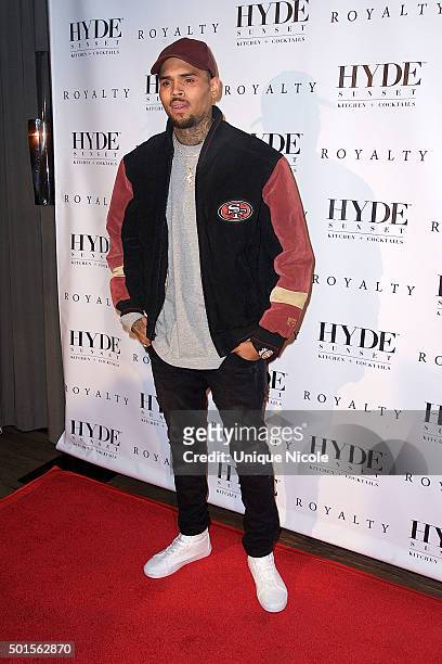 Chris Brown arrives at the listening party for 'Royalty' at HYDE Sunset: Kitchen + Cocktails on December 15, 2015 in West Hollywood, California.