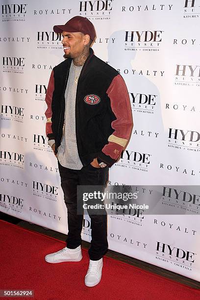 Chris Brown arrives at the listening party for 'Royalty' at HYDE Sunset: Kitchen + Cocktails on December 15, 2015 in West Hollywood, California.