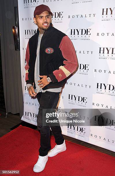 Chris Brown arrives at the listening party for 'Royalty' at HYDE Sunset: Kitchen + Cocktails on December 15, 2015 in West Hollywood, California.