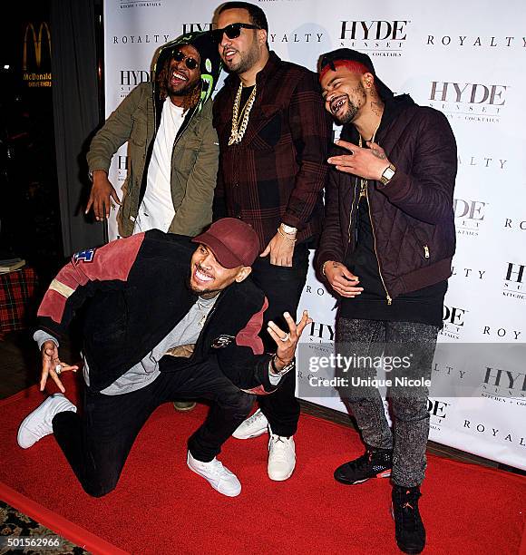 Chris Brown and friends arrive at the listening party for 'Royalty' at HYDE Sunset: Kitchen + Cocktails on December 15, 2015 in West Hollywood,...