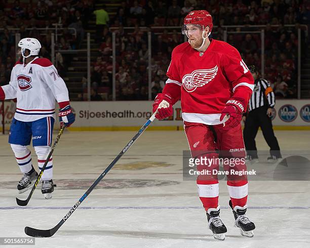 Joakim Andersson of the Detroit Red Wings follows the play during an NHL game against the Montreal Canadiens at Joe Louis Arena on December 10, 2015...