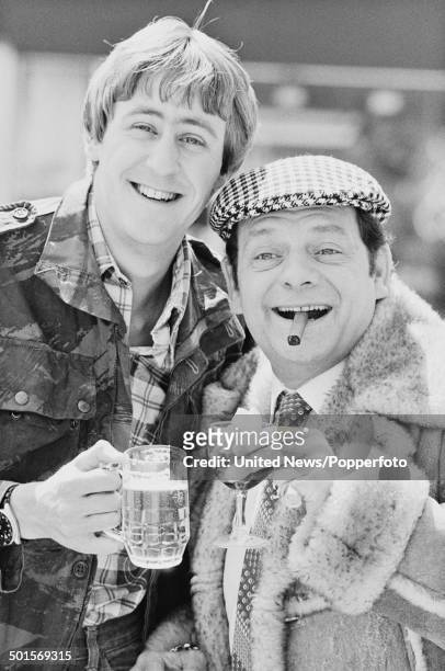 English actors Nicholas Lyndhurst and David Jason in character as Rodney Trotter and Derek 'Del Boy' Trotter from the British television sitcom 'Only...