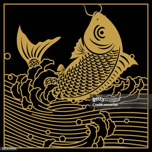 chinese golden carp art - koi fish stock illustrations