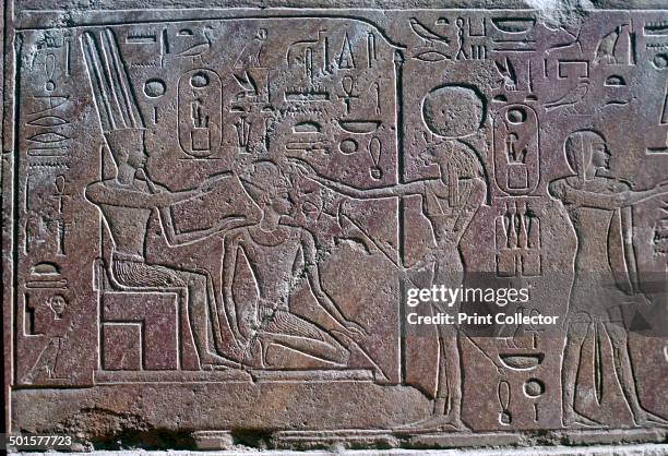 Relief showing Queen Hatshepsut receiving benediction, Temple of Amun, Karnak, Egypt, c1500 BC. Queen Hatshepsut recieves benediction from Amun-Ra &...
