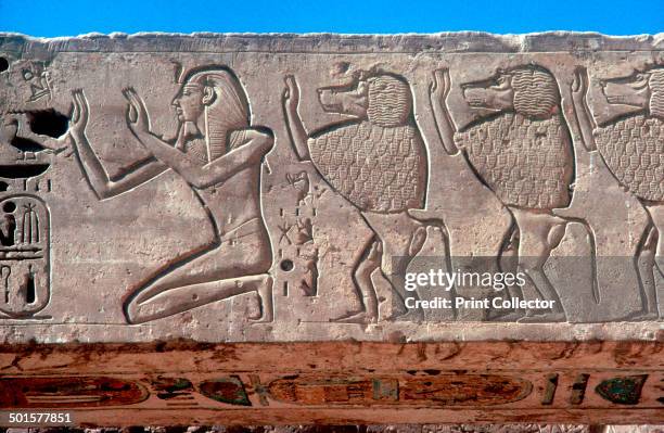 Rameses III and sacred baboons worshipping the rising sun, Mortuary Temple of Rameses III, Medinat Habu, Egypt, c12th century BC.
