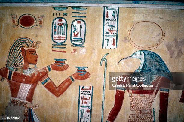 Wallpainting of Rameses III before Thoth, Valley of the Queens, Luxor, Egypt, c12th century BC. The wallpainting is from the tomb of a prince .