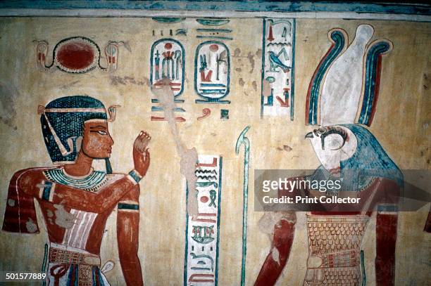 Wallpainting of Rameses III before Horus, Valley of the Queens, Luxor, Egypt, c12th century BC. The wallpainting is from the tomb of a prince .