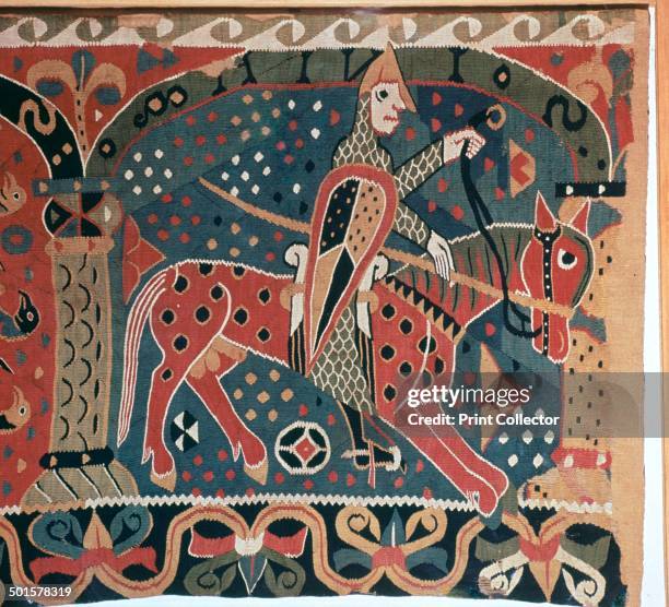 Tapestry fragment showing a Viking horseman from Baldishol Church in Norway, at the Museum of Applied Arts in Oslo.