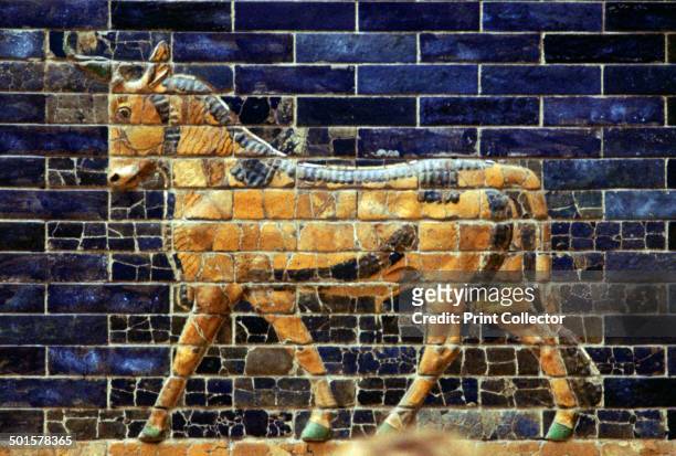 Glazed Brick relief of a bull on the walls of the Sacred Way leading to the Ishtar Gate, Babylon, c580 BC.