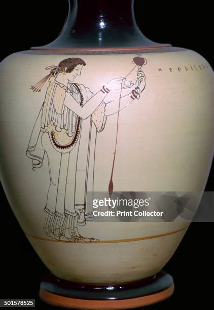 Greek vase-painting of a woman spinning. A white-ground figure made in Athens, 5th century BC.