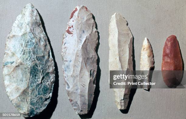 Paleolithic flint tools From the British Museum's collection. From left to right, from Moravia, Kent's Cavern, Cat's hole cave, Bordeilles, Laugerie...