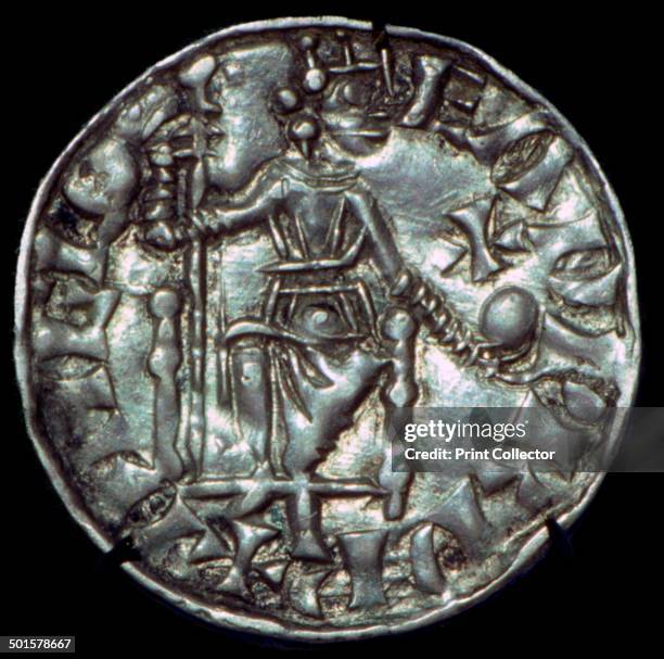 Silver penny of Edward the Confessor , full figure, showing the reverse face, from the Chester Mint.