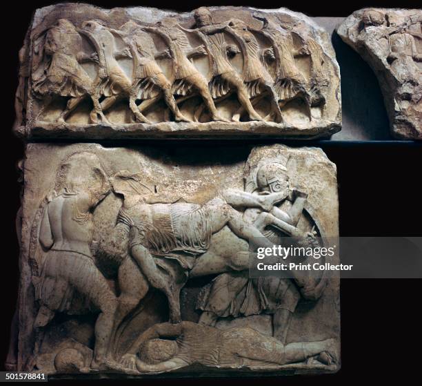 Frieze of Greek warriors in battle - note the Phalanx in the top section. From the British Museum's collection, 5th century BC.