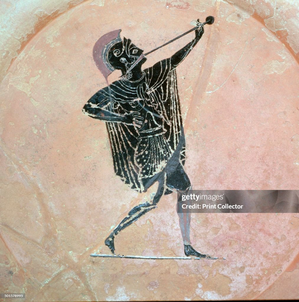 Greek vase painting of a Greek soldier with a trumpet.