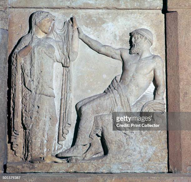 Metope of the marriage of Zeus and Hera, from temple E at Selinunte. The head and arms are made of Parian marble, and set in limestone. Now in the...