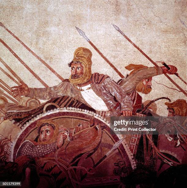 Roman mosaic of Darius II of Persia at the Battle of Issus in 333 BC, Pompeii, Italy, . Alexander the Great fighting the Persian king Darius in what...