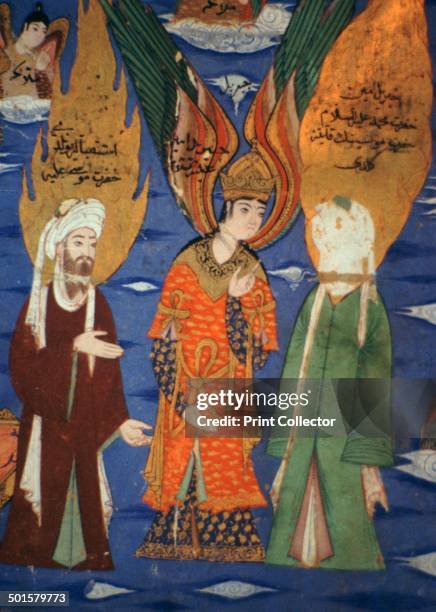 The Prophet Mohammed ascending to heaven, with the Prophet Moses on the left and the angel Gabriel in the centre, 16th century.