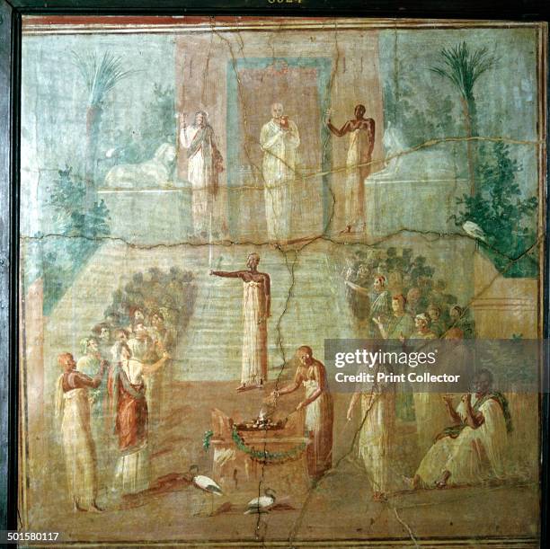 Roman wallpainting showing priests of Isis performing their ceremony, Herculaneum, Italy.