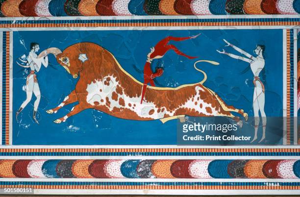 Reconstruction of the 'Bull-leaping' fresco from the Minoan Royal palace at Knossos. Bull-leaping was believed to have a ritual purpose.
