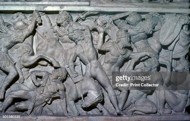 Frieze showing Roman soldiers fighting barbarians from a Roman sarcophagus.