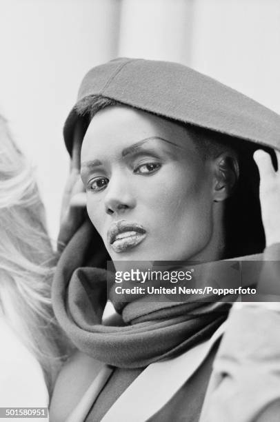 Jamaican singer and actress Grace Jones posed at a press call to promote the James Bond film 'A View to a Kill' in London on 14th June 1985.