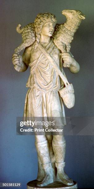 Statue of Jesus as the good shepherd, from the early Christian Catacombs in Rome, 3rd - 4th Century. Part of the Vatican Museum's Collection.