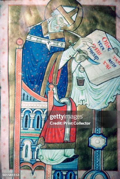 Illustration, painted at Canterbury, of St Dunstan as a scribe, part of a latin commentary on the rule of St Benedict. This piece is from the British...
