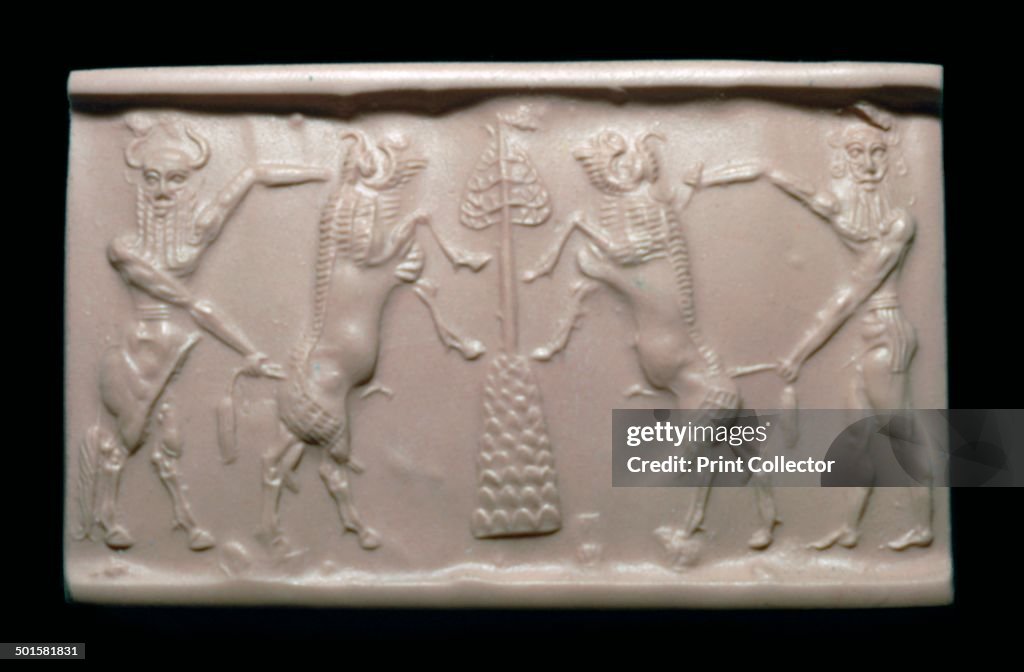 Akkadian cylinder-seal impression of a bull-man and hero.