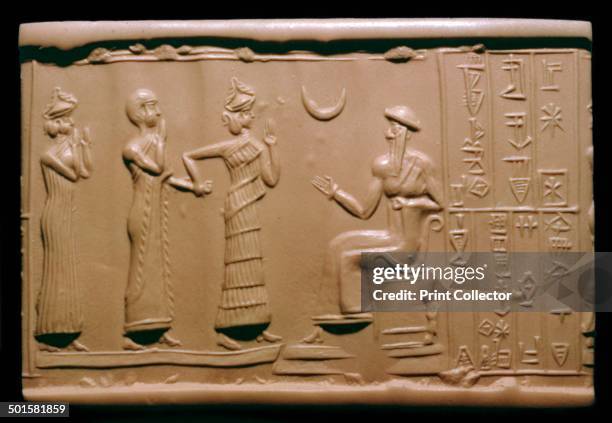 Sumerian cylinder-seal impression depicting Haskhamer, Governor of the city of Ishkun-sin is introduced to the King of Ur who is seated by the...