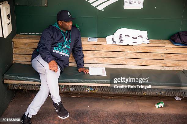 Manager Lloyd McClendon of the Seattle Mariners looks on from the dugout before the game against the Baltimore Orioles at Oriole Park at Camden Yards...