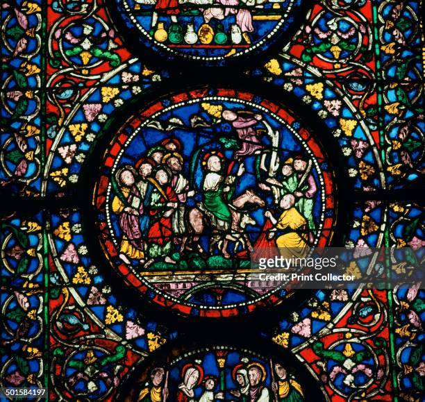 Stained glass depiction of Christ's entry to Jerusalem in the South Choir Aisle of Canterbury Cathedral, 12th century.