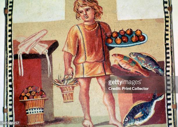 Roman mosaic of a slave boy, possibly named Junius, in a kitchen, from Pompeii.
