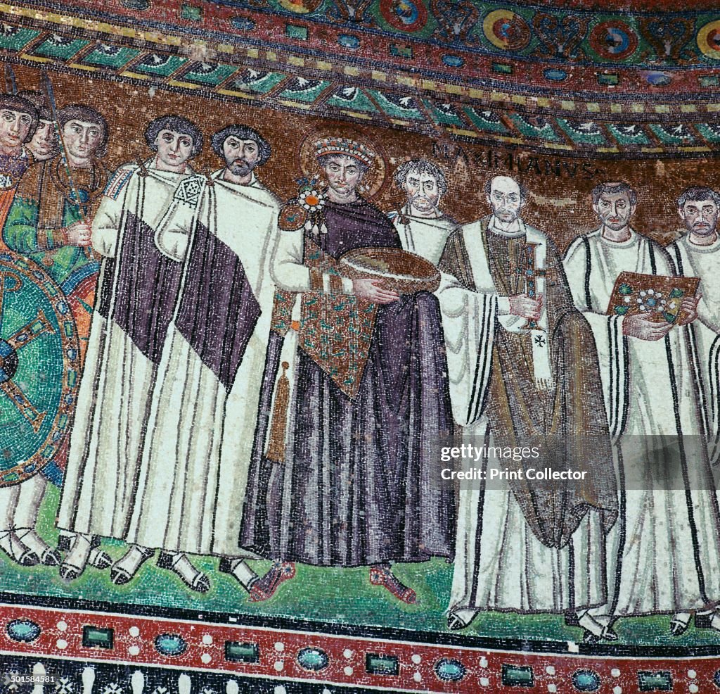 Mosaic of the Emperor Justinian and his court, 6th century.