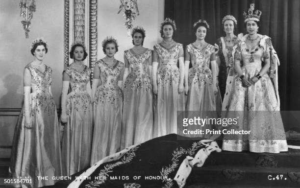 Queen Elizabeth II with her maids of honour, Green Drawing Room, Buckingham palace, 2nd June 1953. In selecting six Maids of Honour instead of pages...