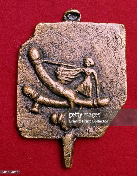 Roman bronze phallic amulet, showing a goddess driving a phallic chariot. From Moyes Hall Museum's collection, Bury St Edmunds in Suffolk.