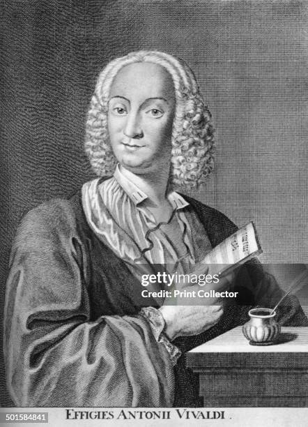 Antonio Vivaldi, Italian Baroque composer, Catholic priest, and virtuoso violinist, 1725. A print from Les Musiciens Celebres, Lucien Mazenod, Paris,...