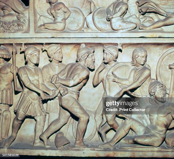 Frieze of Roman soldiers with Barbarian captives from a Roman sarcophagus.