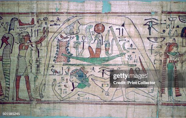 Egyptian papyrus showing an allegory of the cosmos: the sky-goddess Nut is above the earth-god Geb, and between them sails the boat of the sun-god...
