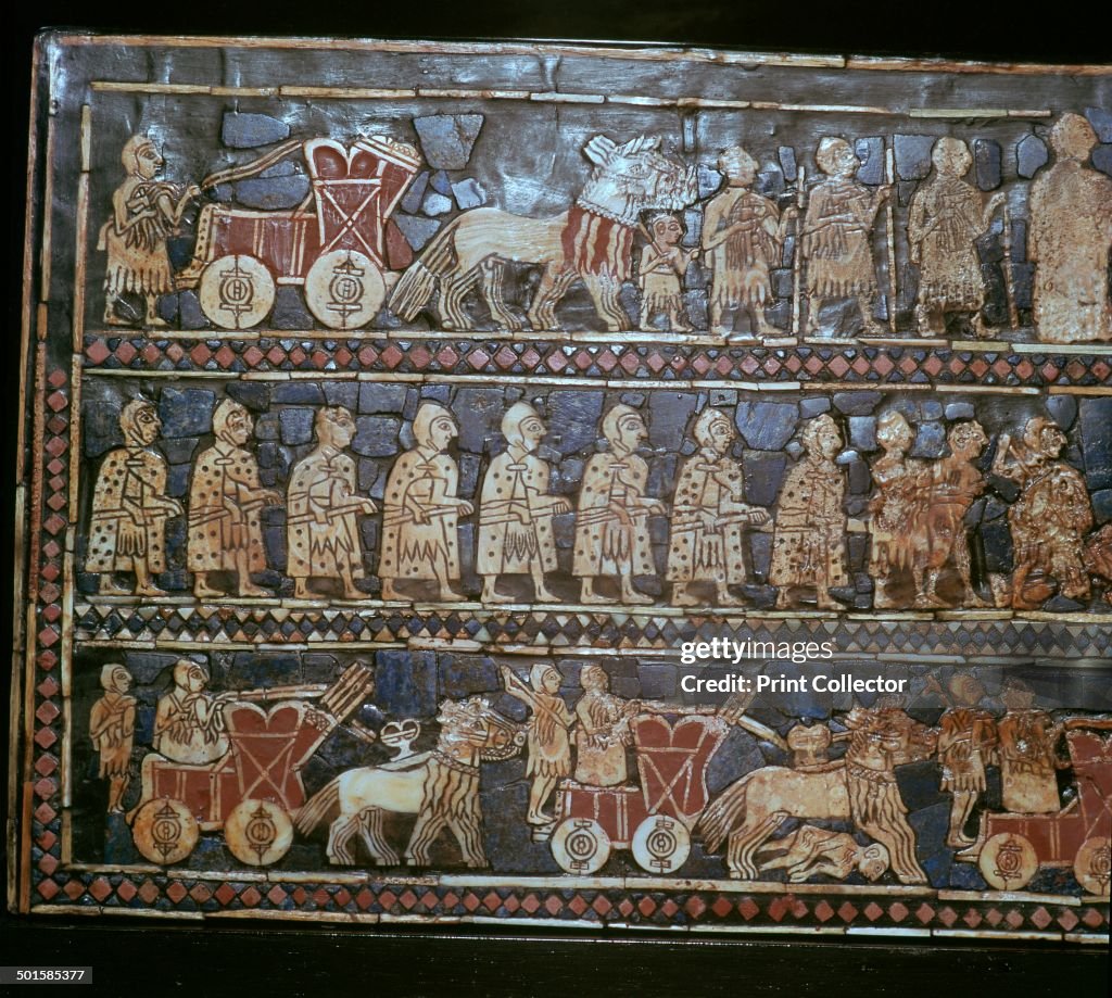 Detail of the Standard of Ur, showing chariots and soldiers, southern Iraq, about 2600-2400 BC.