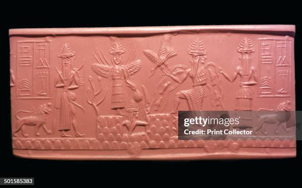 Akkadian cylinder-seal impression of the scribe Adda. It represents a new year ritual, and from left to right are: Ninurth carrying a bow, Ishtar...