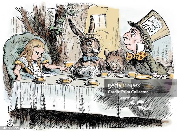 Scene from Alice's Adventures in Wonderland by Lewis Carroll, 1865. The Mad Hatter's Teaparty. Alice is at the head of the table, and the March Hare...