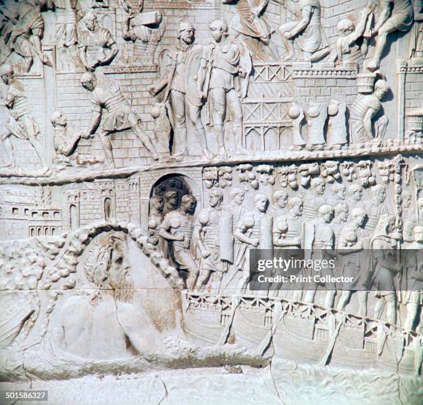 Scene from Trajan's column, showing a detail of the River Tiber personified and a pontoon bridge, 2nd century.