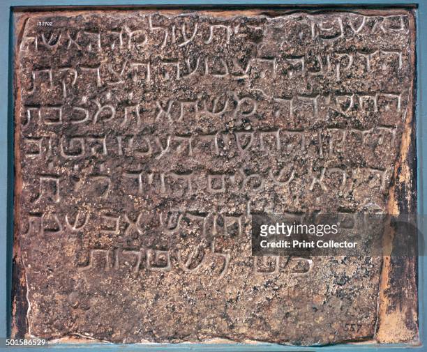 Carved dark stone tombstone, Aden, Asia, 1717-1718 . Hebrew inscription in square characters, gives the name of a woman called Mishta , hence the...
